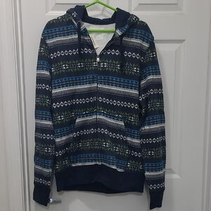 Aeropostale Men's Blue and Green Patterned Hoodie Sweater
